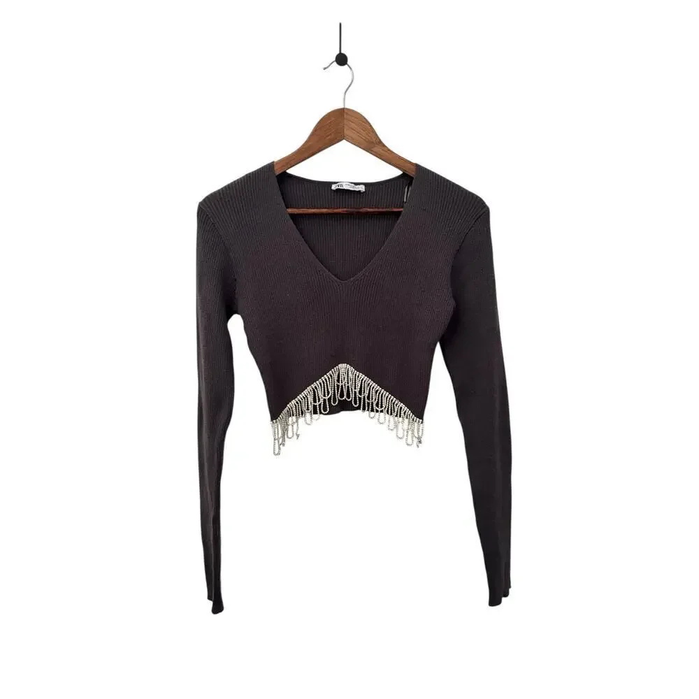 ZARA Gray Ribbed Knit Cropped Sweater w/ Pearl Rhinestone Fringe Hem - Size‎ M
